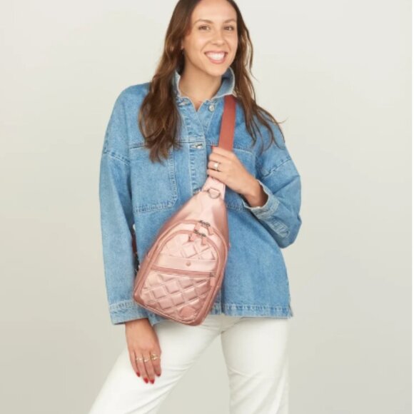 THE CONVERTIBLE SIDEKICK SLING BACKPACK - METALLIC ROSE GOLD - Picture 1 of 6